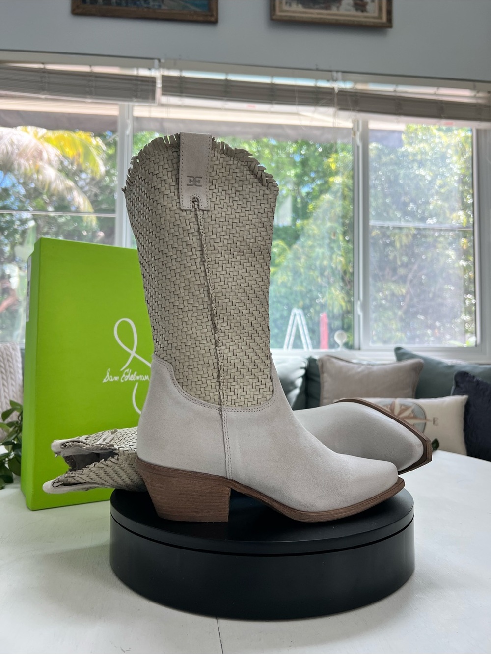 Sam Edelman Cream Woven Mid-Calf Heeled Boots - Picture 4 of 7